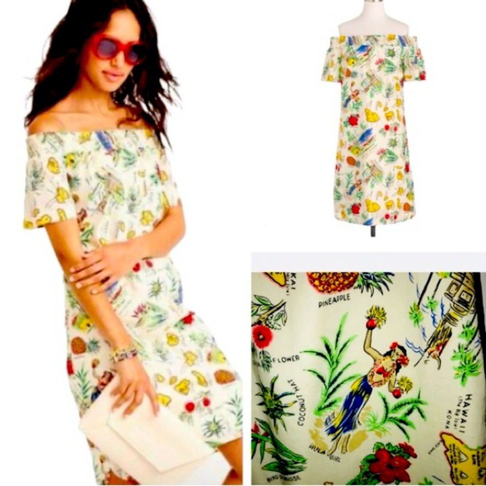 JCrew Hawaii Destination Graphic Off Shoulder Coastal Tropical Mini Shift Dress